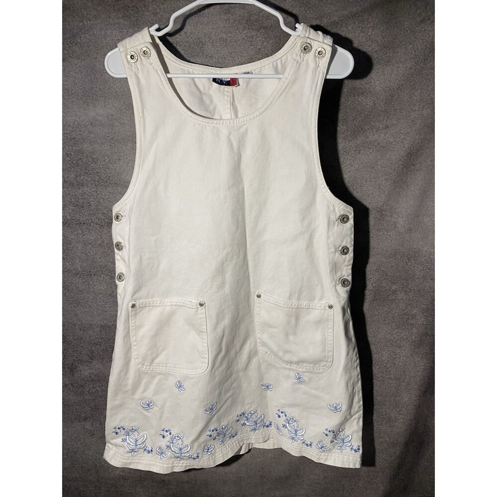 Vtg 90s JL NY Sport White Denim Jumper Dress M Embroidered Butterfly Overall